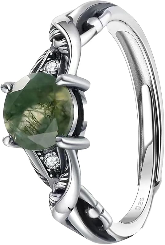 Moss Agate Ring Adjustable Rings Moss Agate Jewelry Green Gems 925 Silver Plated Copper Engagement Wedding Promise Jewelry Gift
