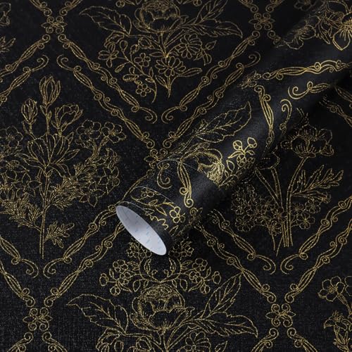 Toduso Peel and Stick Wallpaper Vintage Wall Paper Boho Contact Paper Black and Gold Floral Removable Wallpaper for Bathroom Bedroom Flower Waterproof Self Adhesive Vinyl Drawer Decor 17.3