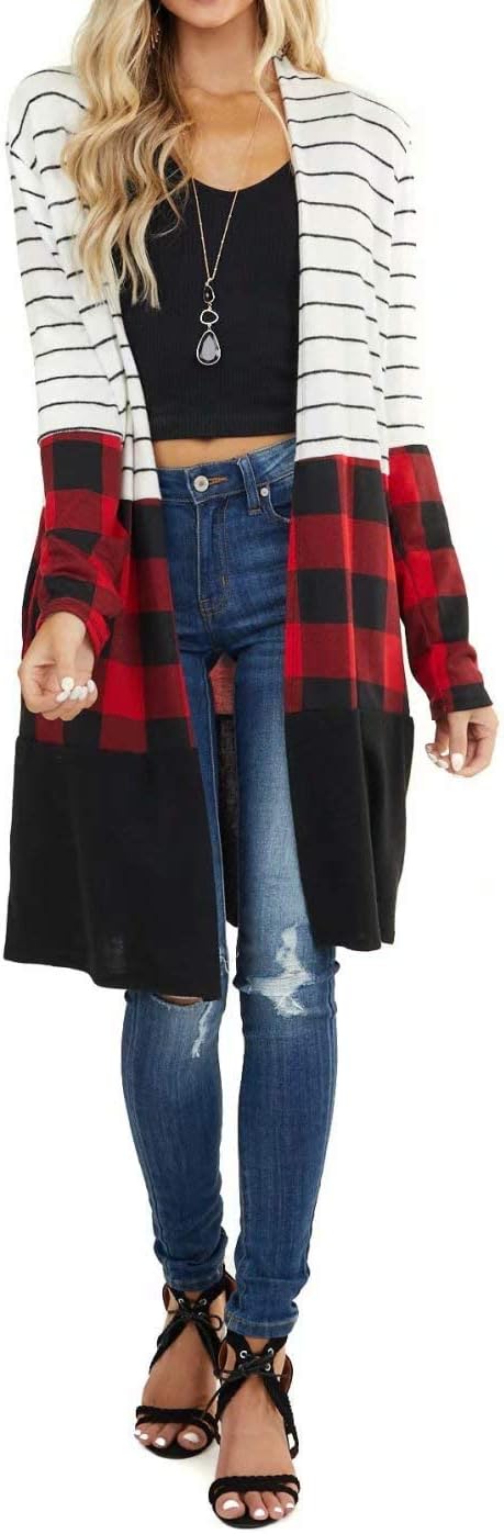 Dressmine Womens Long Cardigan Open Front Buffalo Plaid Shirt Knitted Coat Outwear Maxi Sweater Trendy 2025 Tops - Image 3