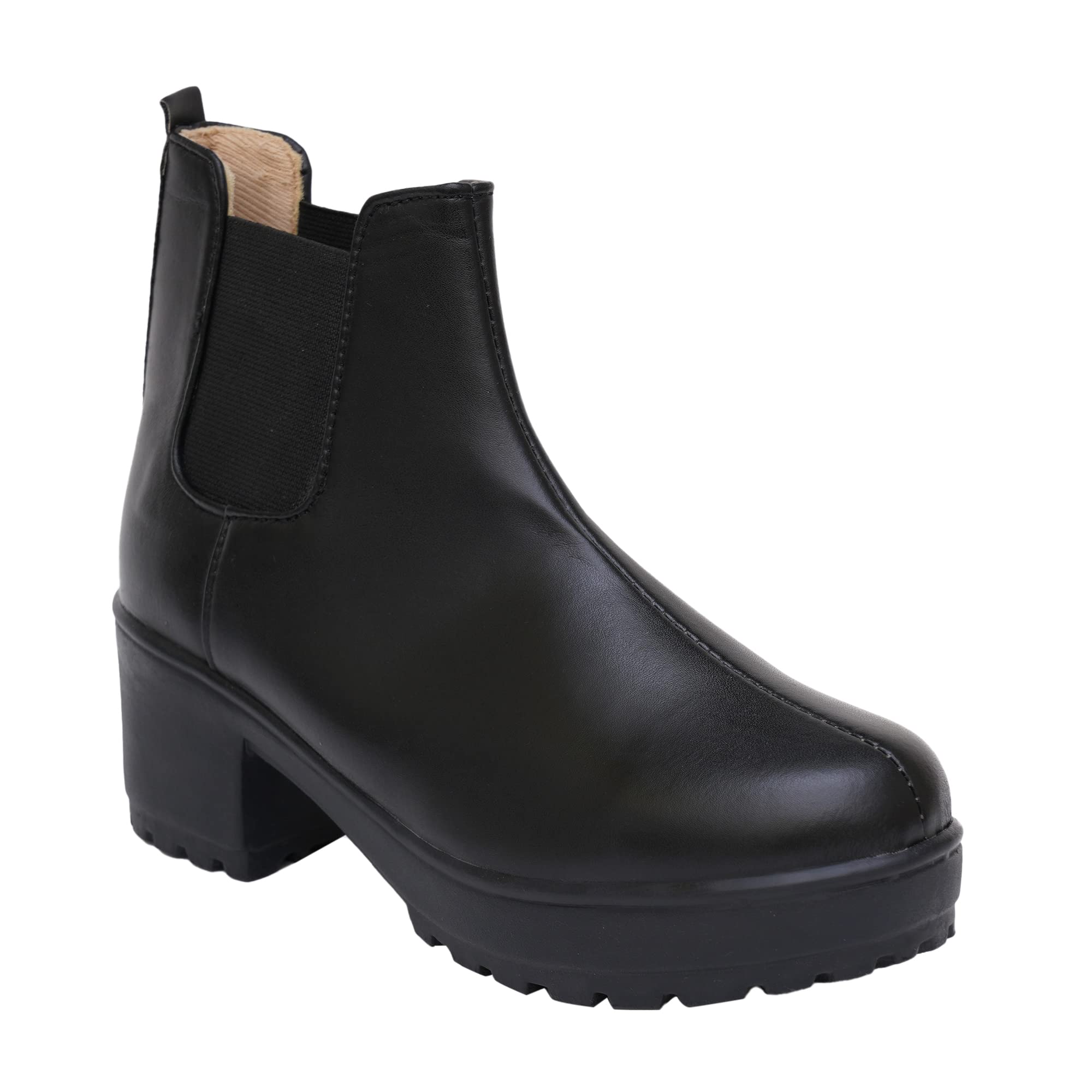 XE Looks 100% Vegan Leather Women's Black Ankle Boots | Comfortable Slip-On Design with Block Heel | Durable Leather Upper & Elastic Sides Boots For Girls & Women 4