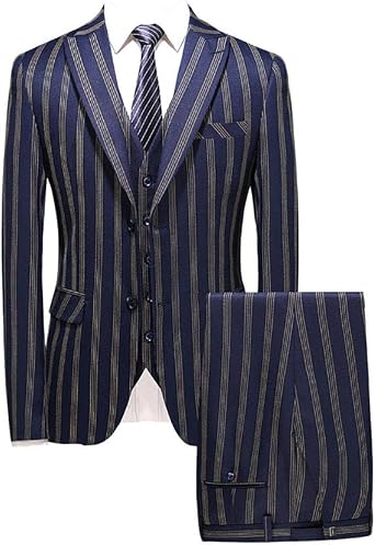 Mens Strip Slim Fit Suit Jacket Blazer Pant Pinstrip Party Wedding Prom Groom 3PCS Tuxedos