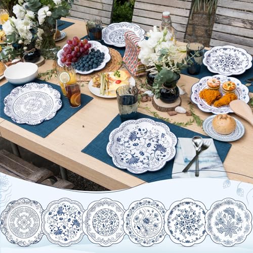 Image of Funnymoom 60 Pcs 7 Inch Blue Floral Plate Blue White Chinoiserie Scalloped Paper Plate for Dessert Porcelain Disposable Party Decor Tableware, Vintage Birthday Wedding Bridal Shower Tea Party Supplies