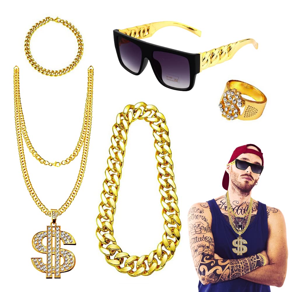CEWROM Zestaw kostiumowy hip-hopowy, 4 sztuki, strój męski w stylu lat 80-tych XX wieku, akcesoria rapera, znak dolara, złoty łańcuszek, okulary przeciwsłoneczne, złoty pierścionek hipisowski