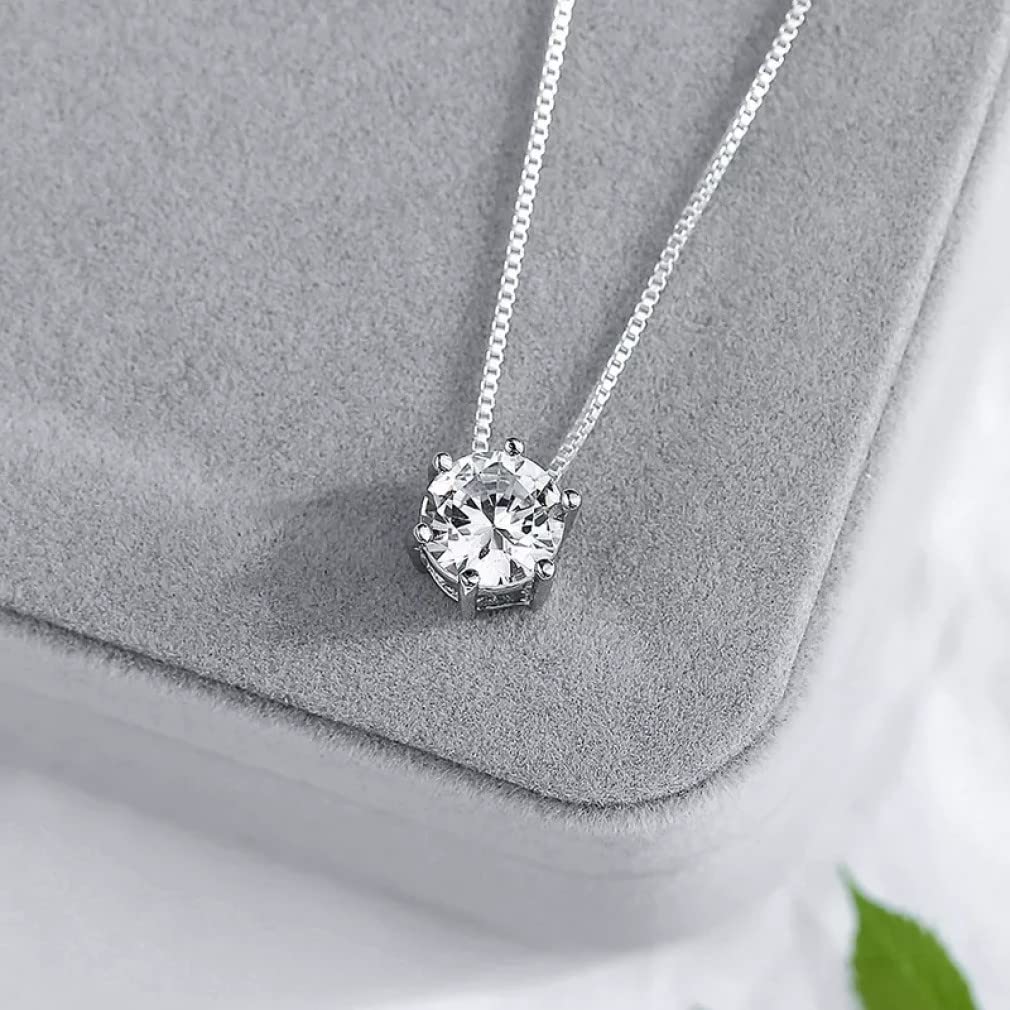 Collar de Plata S925 para Mujer, Solitario Redondo, Collar con Colgante de Diamante de circonia de 2,0 Quilates, joyería de Boda