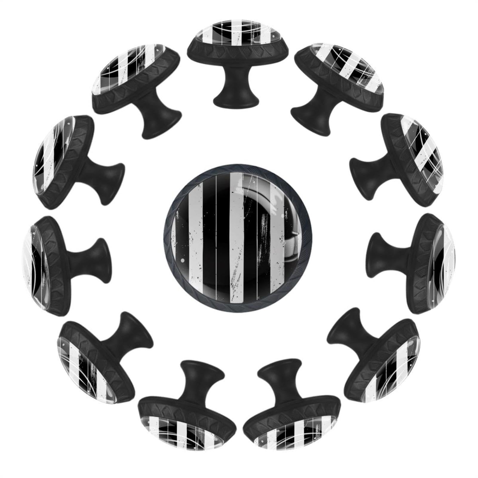 Bouton de tiroir en verre de cristal abstrait noir et blanc pour meuble de cuisine x12
