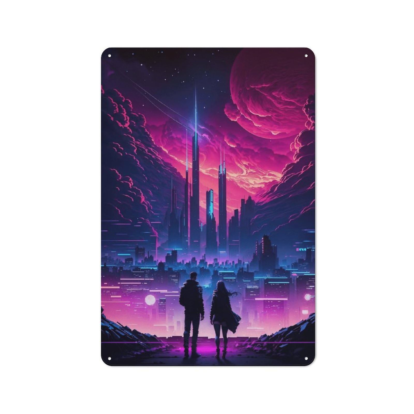 Junmoney Style-3 Tin Wall Plaque 30X20cm With Neon Cityscape Cyberpunk Dreamscape For Bar Or Restaurant, Autumn Wall Decor For Hospitality Decor Collectors