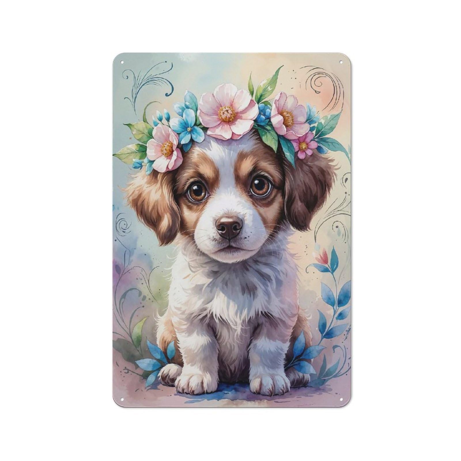 Junmoney Puppy With Flower Crown Watercolor Tin Wall Plaque 30X20cm With For Workshop Wall, Suited To Workshop Decor Fans, For Retro Home Interiors