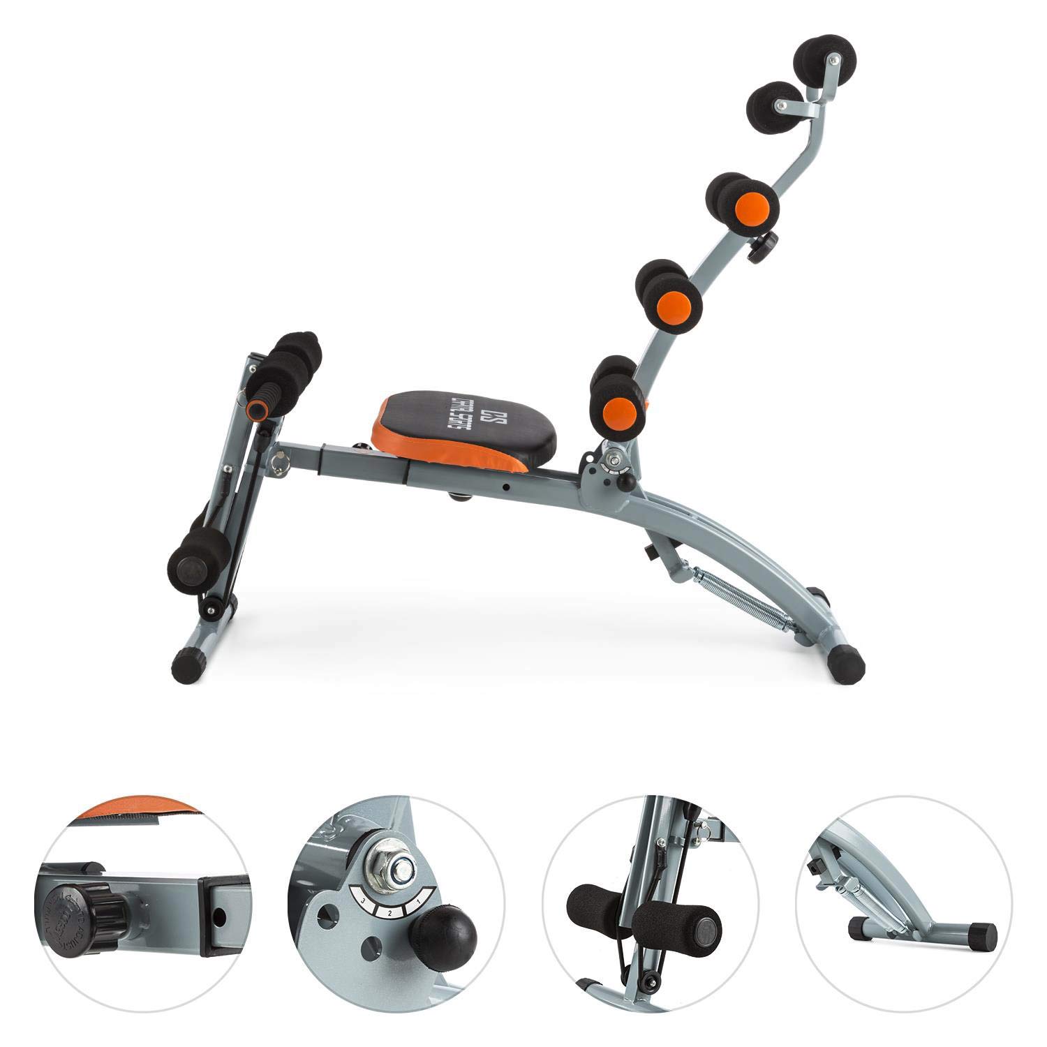 CAPITAL SPORTS Sixish Core - Bancos Fitness, Banco de musculacion con múltiples Posiciones, Banco de Abdominales Acolchado, Brazos y Espalda, Curler, Cintas de tracción elásticas, Naranja