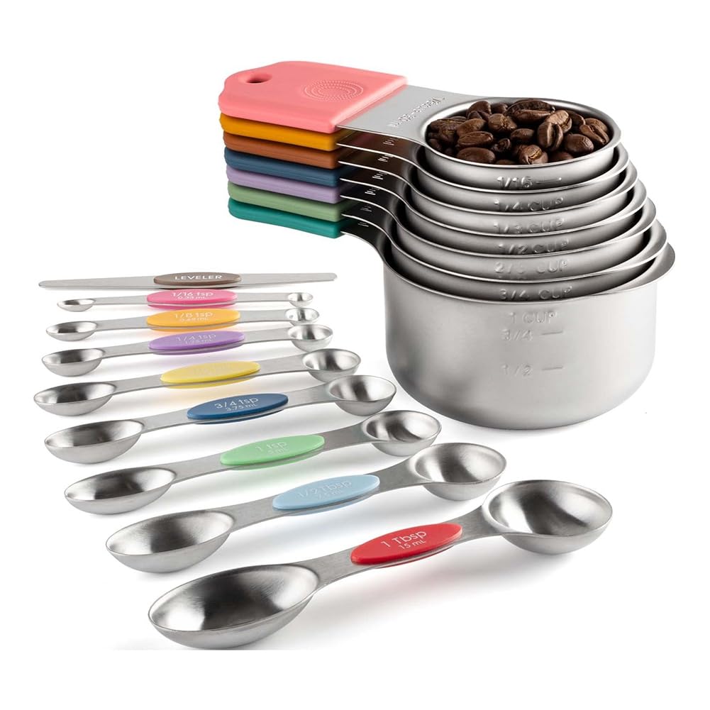 Tasses et cuillères à mesurer magnétiques en acier inoxydable avec niveleur multicolore pour cuisine