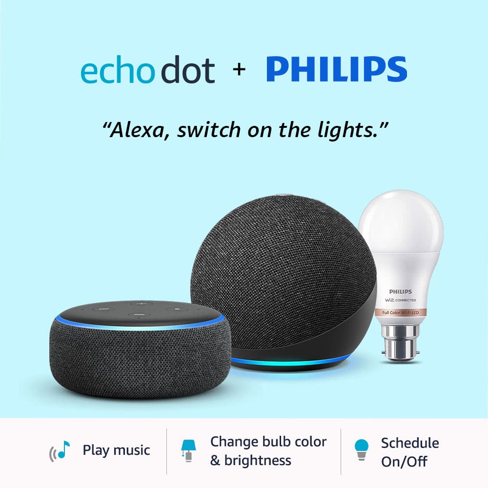 Echo Dot (3rd Gen, Black) Combo with Echo Dot (4th Gen, Black) and Philips 9W Smart Color Bulb