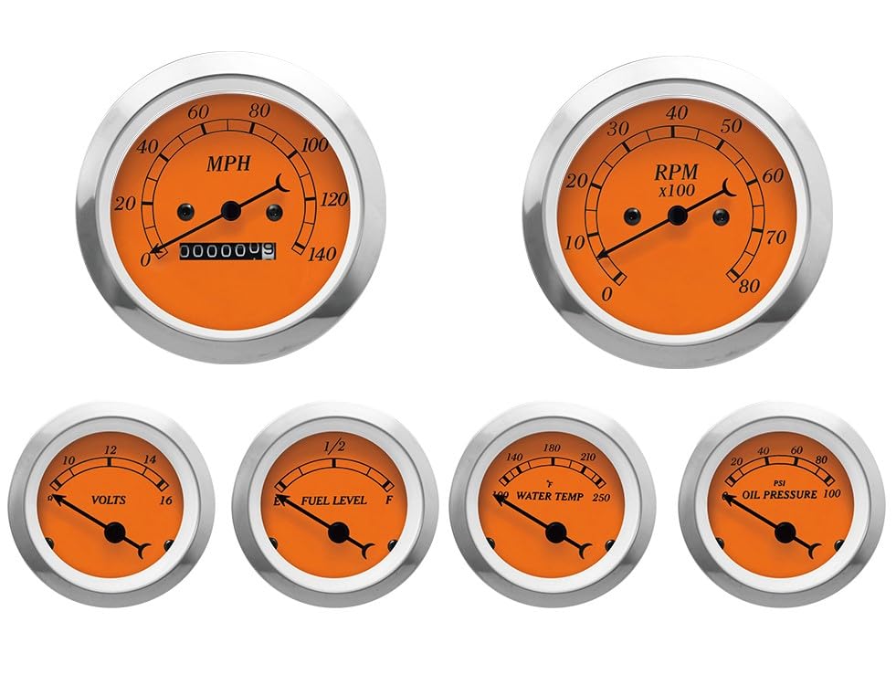 MOTOR METER RACING Classic 6 Gauge Set with Mechanical Speedometer Analog Odometer Orange Dial Black Needle White LED Illumination 85mm 3-3/8" & 52mm 2-1/16"