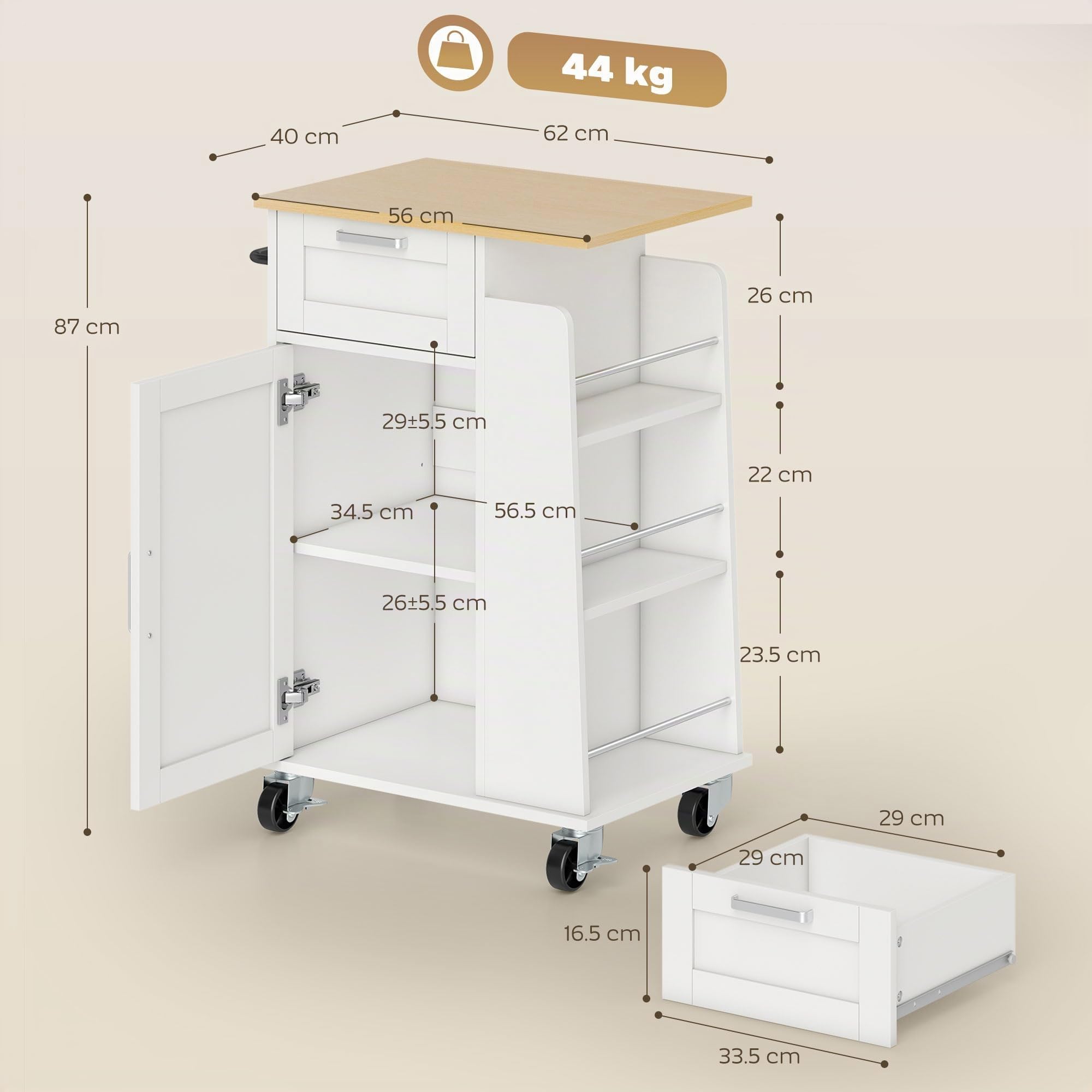 HOMCOM Chariot Cuisine Roulant, Portes Soft-Close, 62x40x87 cm, Blanc