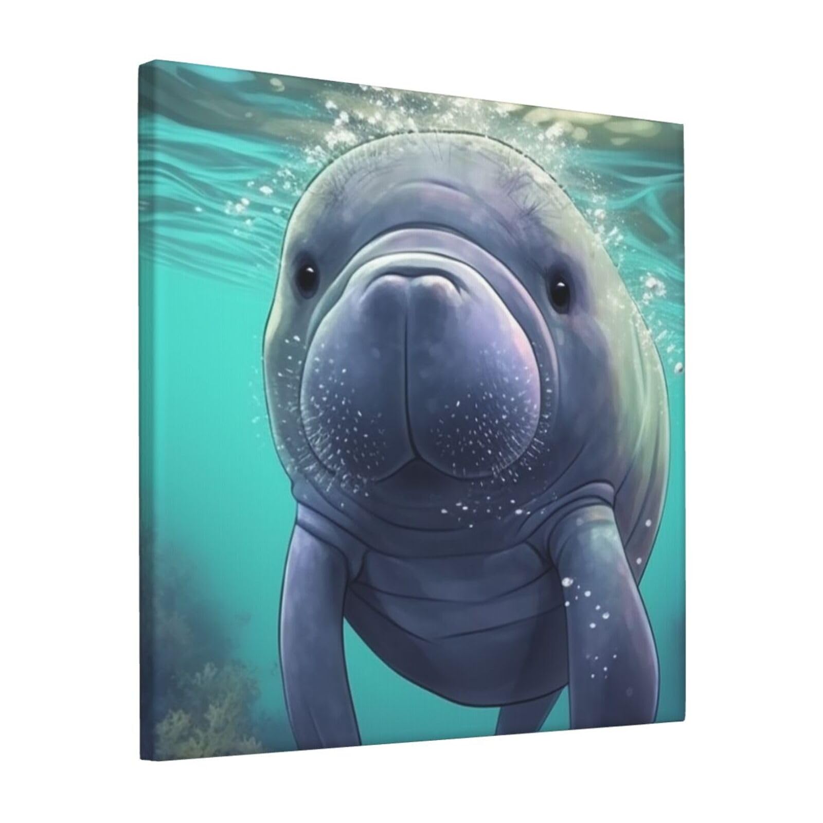 FodPand Cute Sea Animal Manatee Canvas Wall Art for Living Room Wall Decor 12"x12" Modern Artwork Painting Pictures Hanging Canvas Prints Aesthetic Wall Art for Bedroom Bathroom Office Wallart Decor