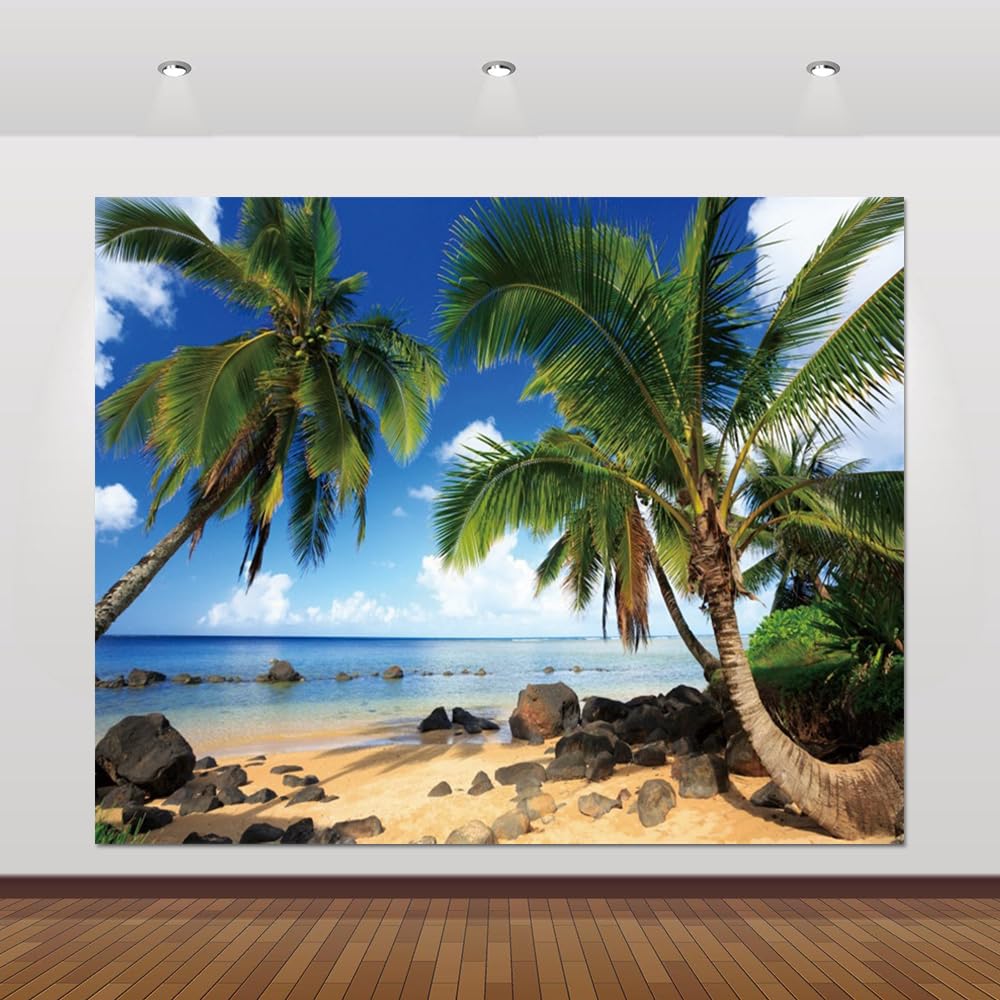 Summer Tropical Beach Backdrop 10x8ft Hawaiian Luau Aloha Party Banner Decorations Palm Tree Leaves Ocean Sea Seaside Hawaii Background Photoshoot