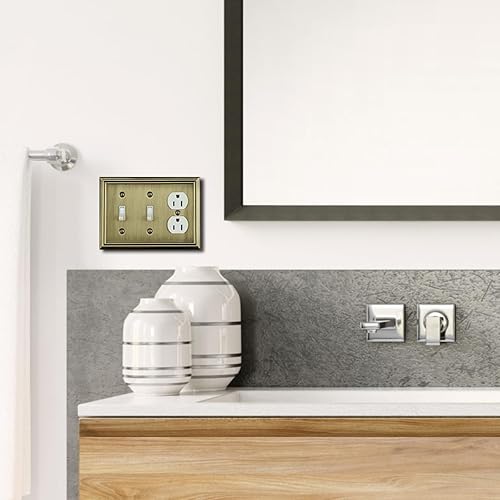 Vista 78 de Adler - Placa de pared de metal para interruptor de luz dúplex de palanca/dúplex, paquete de 2 unidades de latón antiguo, cubierta de salida