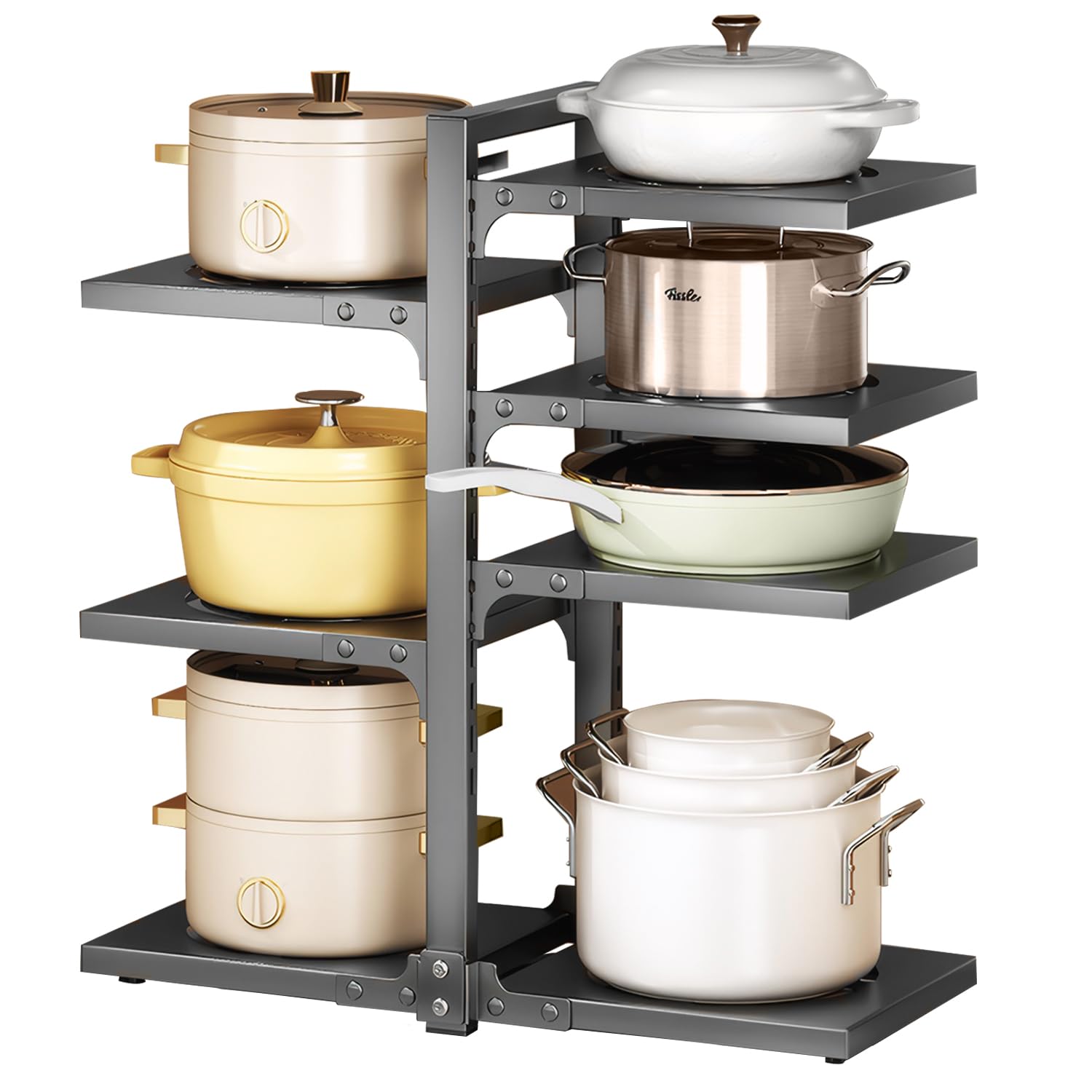 Cnwinu 7 Tier Pots and Pans Organiser for Cupboard,Pan Organizer for Cupboard with Adjustable Height,Multiple Installation Modes Kitchen Cupboard Organiser for Kitchen Cabinet(7 Tiers)