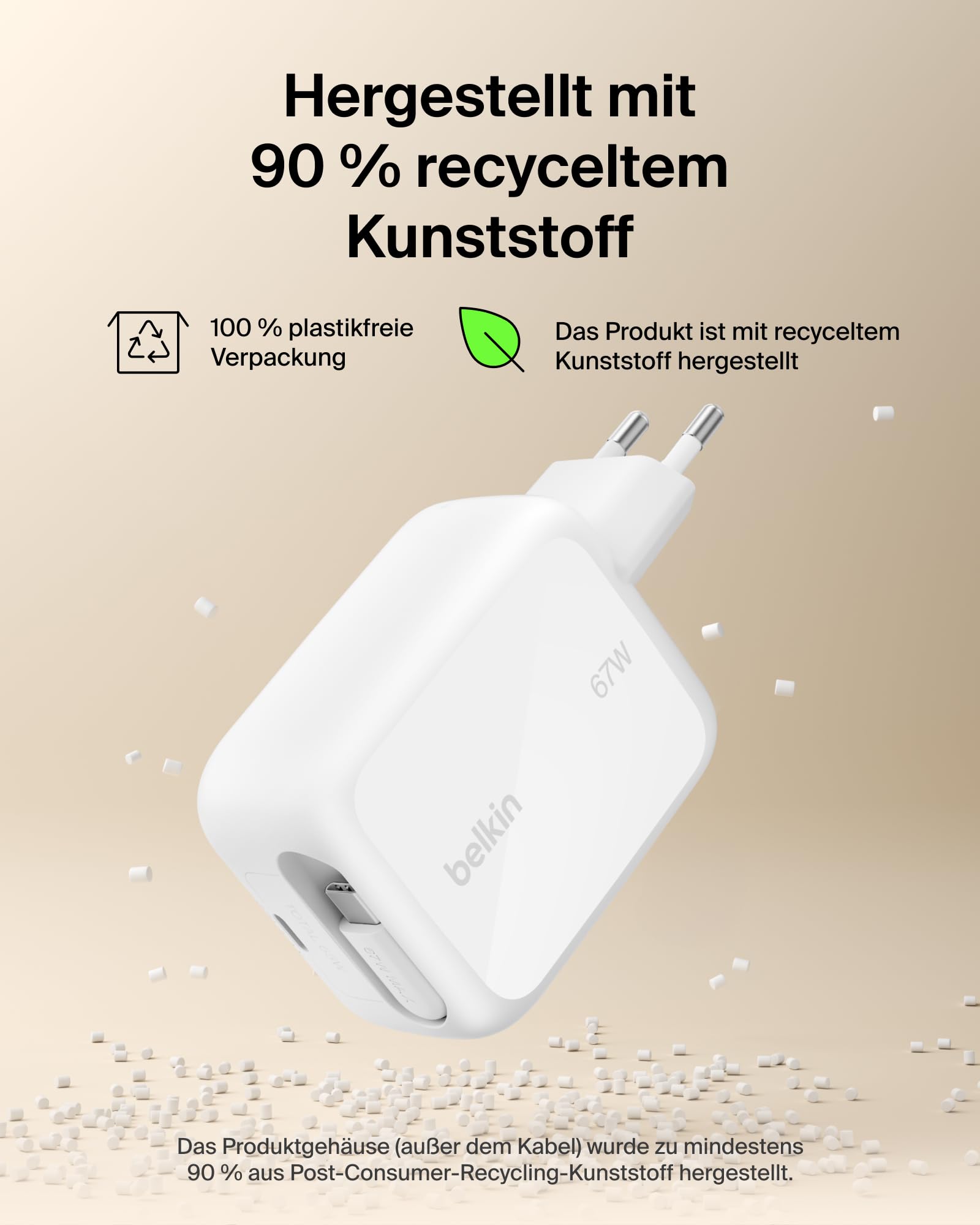 Belkin USB C Ladegerät 67W mit Einziehbarem 1 m USB-C-Kabel + USB-C-Anschluss, GaN iPhone Schnellladegerät, USB Adapter für die Serien iPhone 17, 16, Galaxy S26, AirPods, Tablets, MacBook, Chromebook