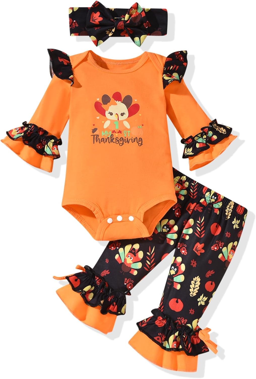 HINTINA Newborn Infant Baby Girl First Halloween Outfits Bodysuit Bell Bottom Pants Clothes Set With Headband