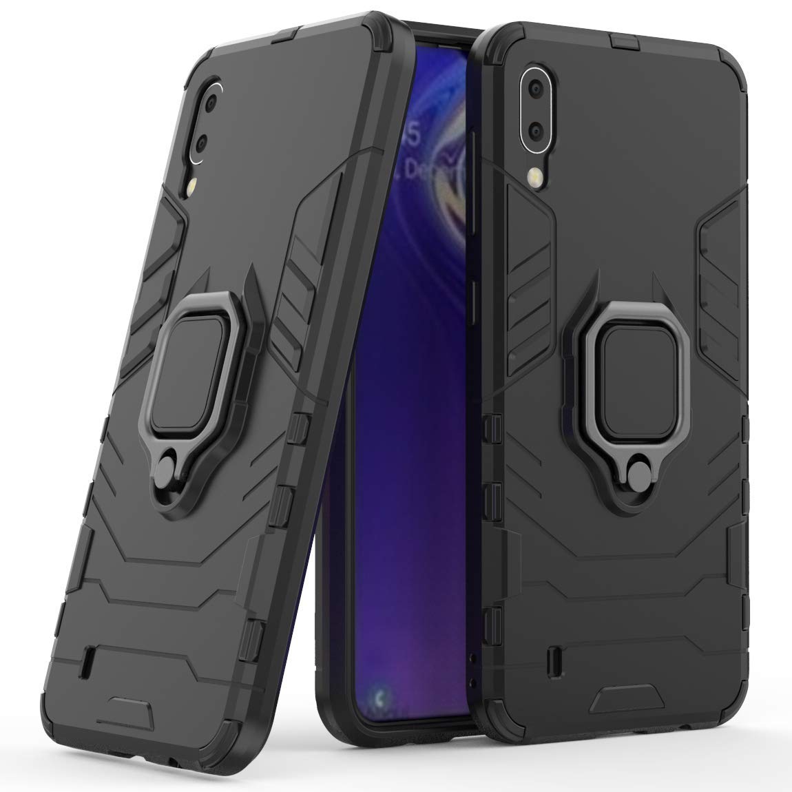 Compatible with Galaxy M10 Case, Metal Ring Grip Kickstand Shockproof Hard Bumper Shell (Works with Magnetic Car Mount) Dual Layer Rugged Cover for Samsung Galaxy M10 (Black)