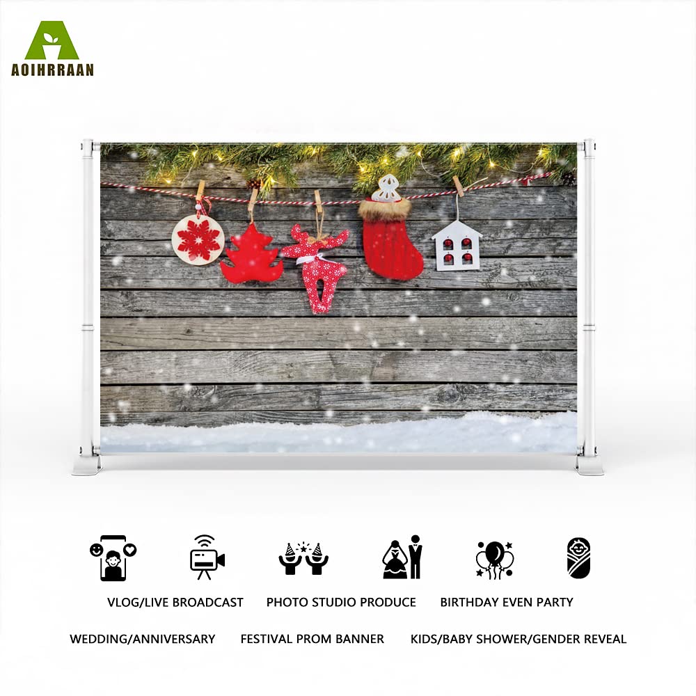 Aoihrraan 3x2m Christmas Backdrop Red Sock Snowflake Tree Elk Snow Grey Retro Wood Floor Wall Photography Background Baby Shower Family Celebration Party Banner Portrait Photo Studio Props - Image 2