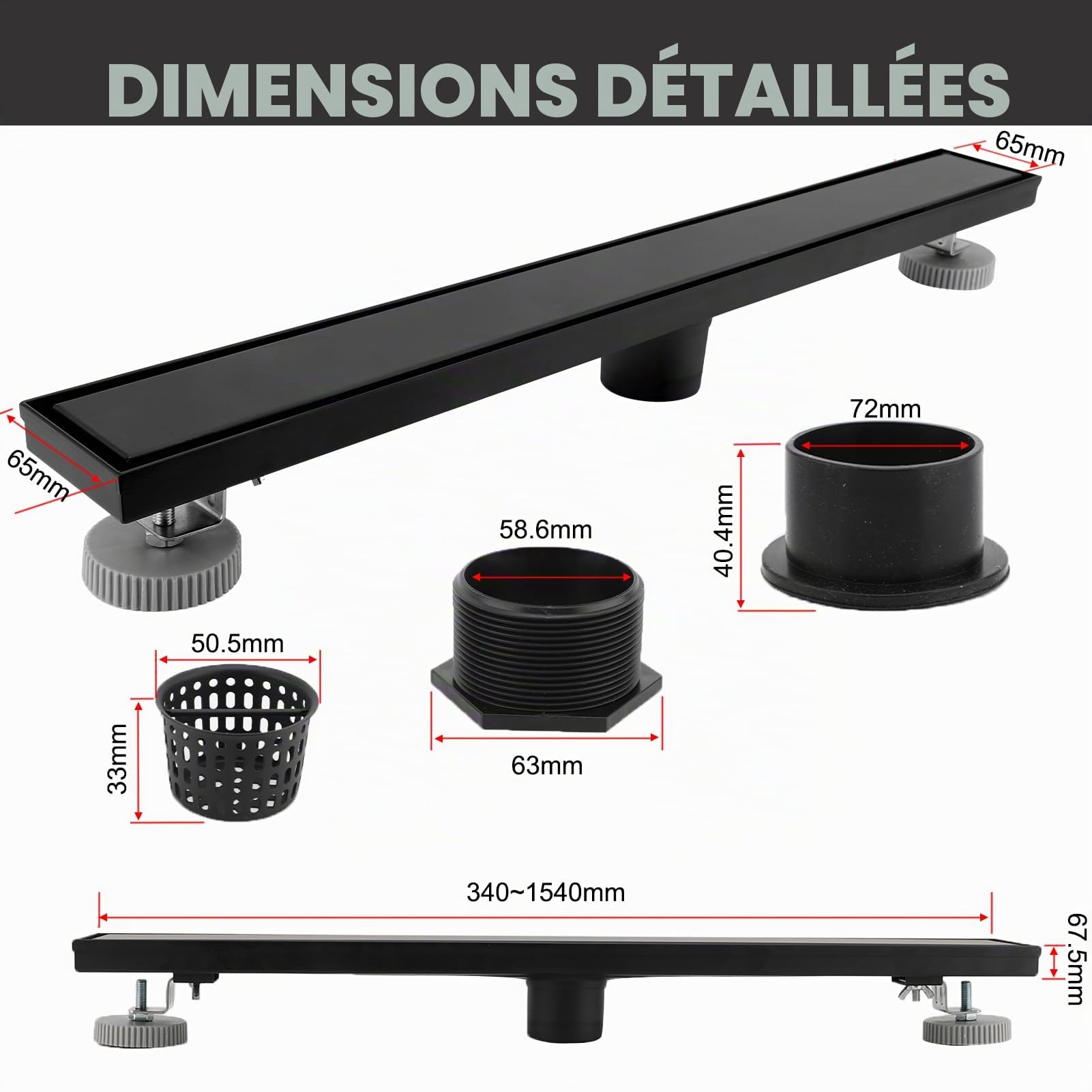 24in Caniveau Douche Italienne, 2 en 1 Caniveau Douche, drain de plancher de douche en acier inoxydable 304, avec grille, pieds de nivellement amovibles, filtre à cheveux (Noir mat)
