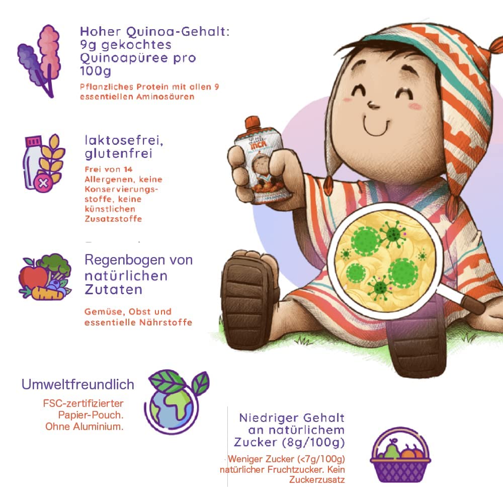 Little Inca Happy Orange (6 x 100 g) | Bio-Babynahrung auf pflanzlicher Quinoa-Basis, recycelbare Beutel, schont den Darm und fördert die kognitive Entwicklung | Laktosefrei | Ab 6 Monaten