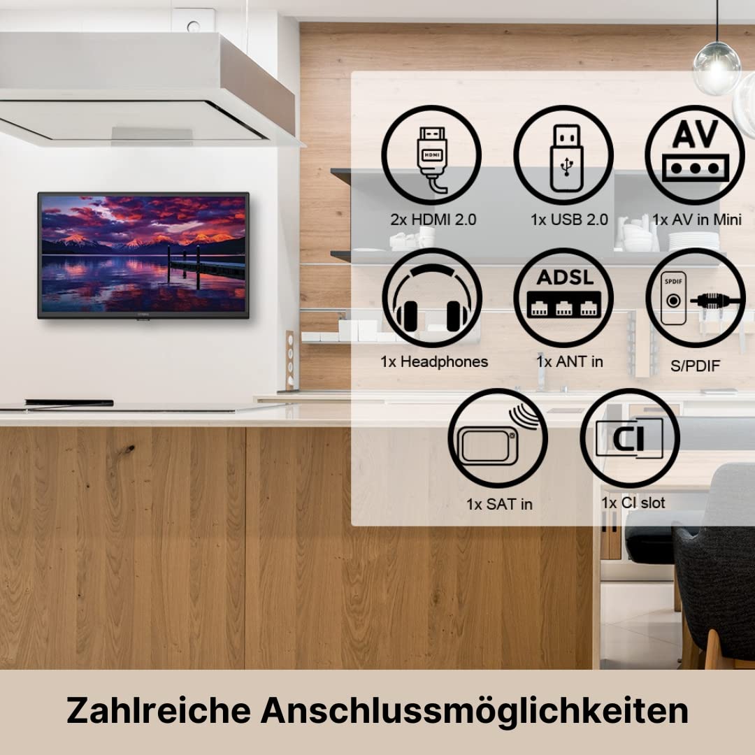 STRONG - 24 Zoll (60 cm) HD Fernseher SRT24HE4023-12V Fernseher ideal für Wohnwagen, Wohnmobil - Triple-Tuner - 2 HDMI-Anschlüsse (1 ARC), 1 USB-Port, Mini-AV, Antennen-/SAT-Anschluss - schwarz