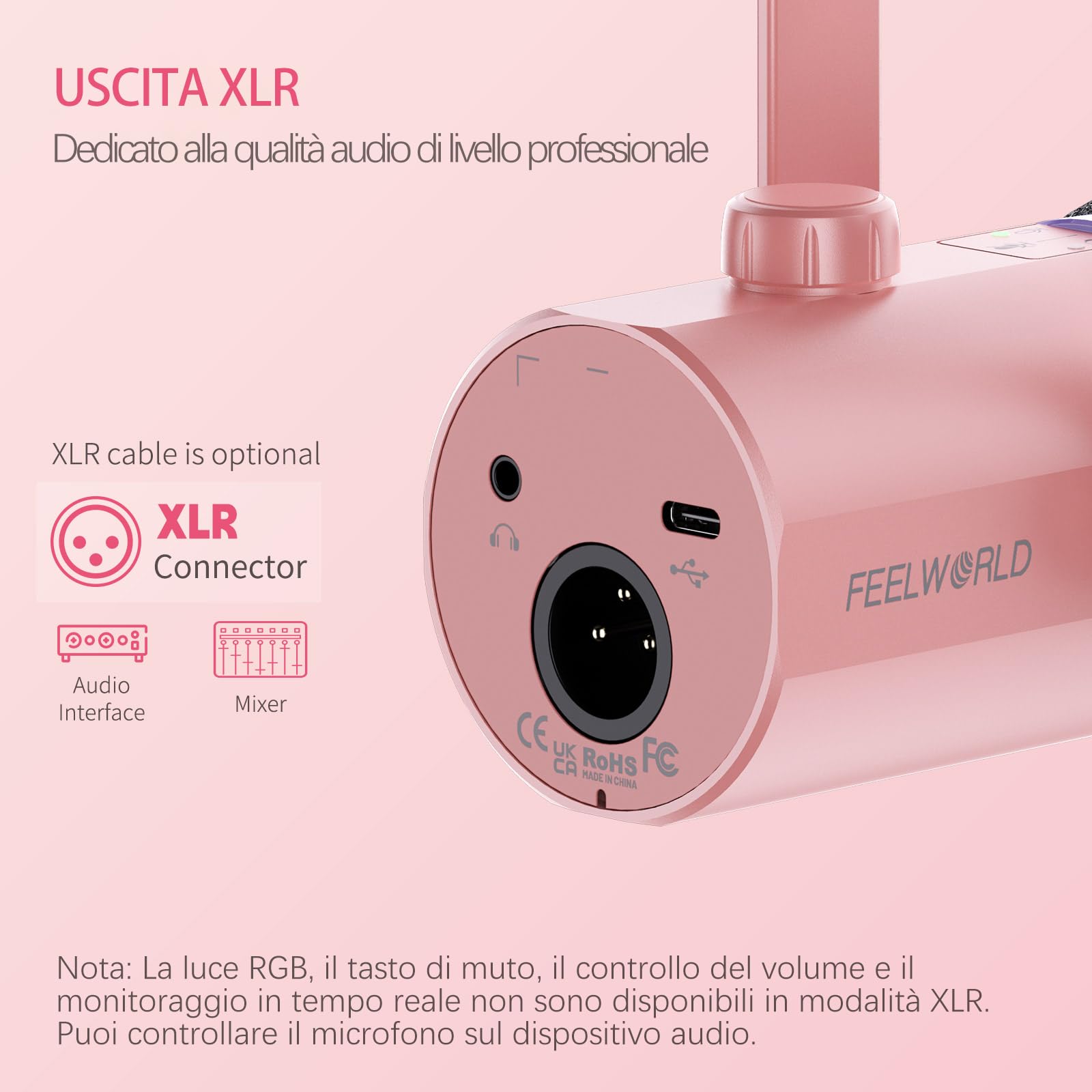 FEELWORLD PM1-AS USB/XLR Micro Gaming Streaming (per PC PS4 PS5), RGB Dynamic Iris Microphone, Pink with Stand, for Gaming, Podcasting, Broadcasting