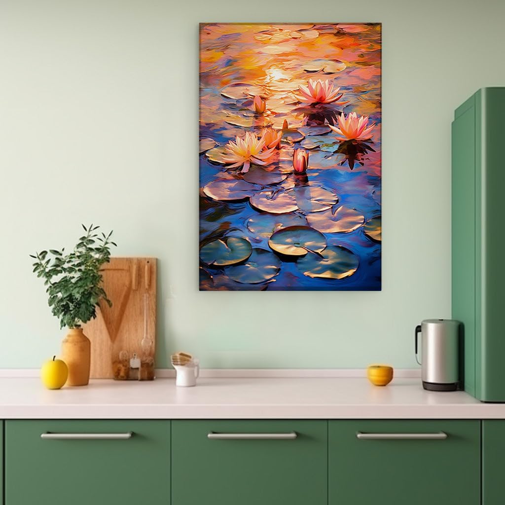 Canvas for Living room. Serene Blossoms at Sunset: Reflecting Nature's Palette on a Tranquil Pond, 27 x 18 inch Canvas Wall Art - Contemporary Masterpieces - Modern Home Decor - 69x46 cm (27x18 inch)