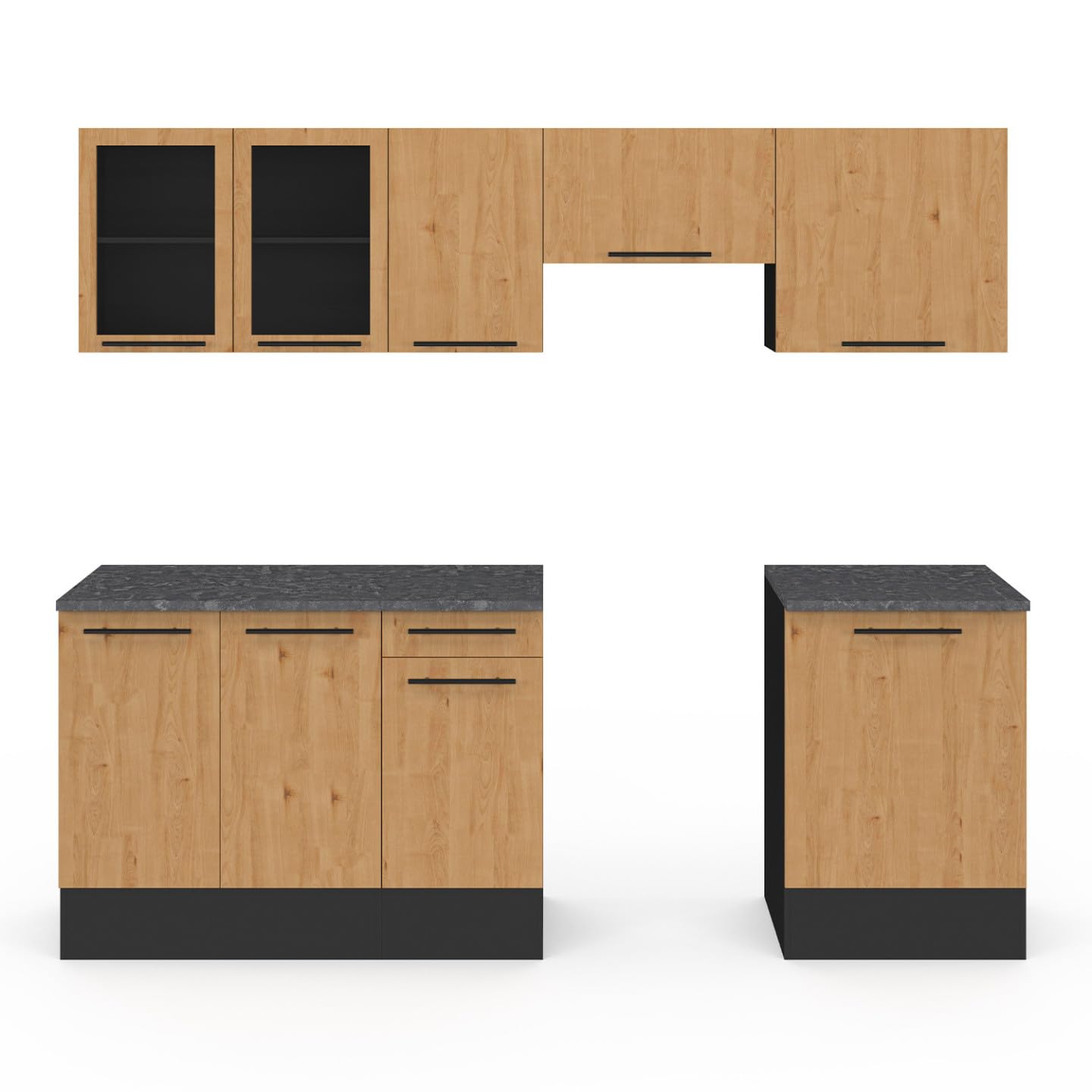 IDMarket - Cuisine complète 240 cm Subtil avec vitrine + Plan de Travail 7 éléments Noir et façon hêtre