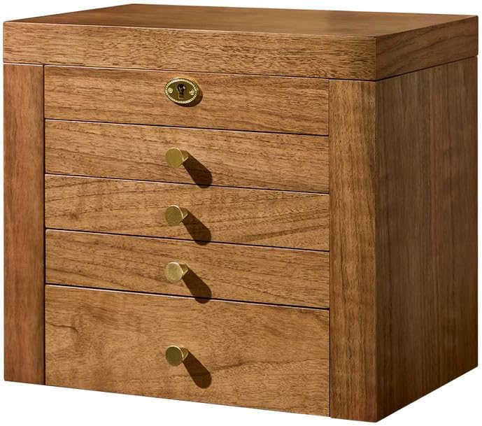 5-Layer Jewelry Organizer Box with Lock and Key, Wooden Jewelry Box for Women with Interior Mirror - Ring Earring Bracelet Necklace Holder, 11.8 inch