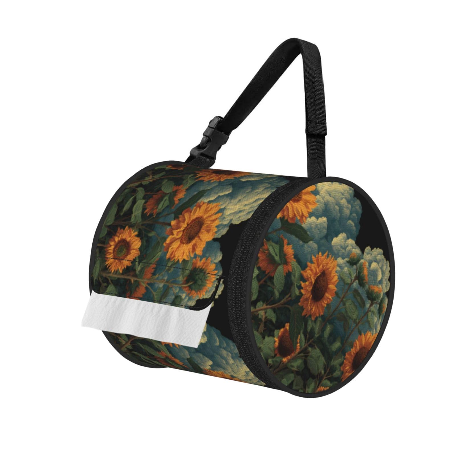 Sunflowers Printed Cylindrical Tissue Bag Portable Oxford Cloth, Foldable Travel Tissue Holder With Zipper And Adjustable Belt