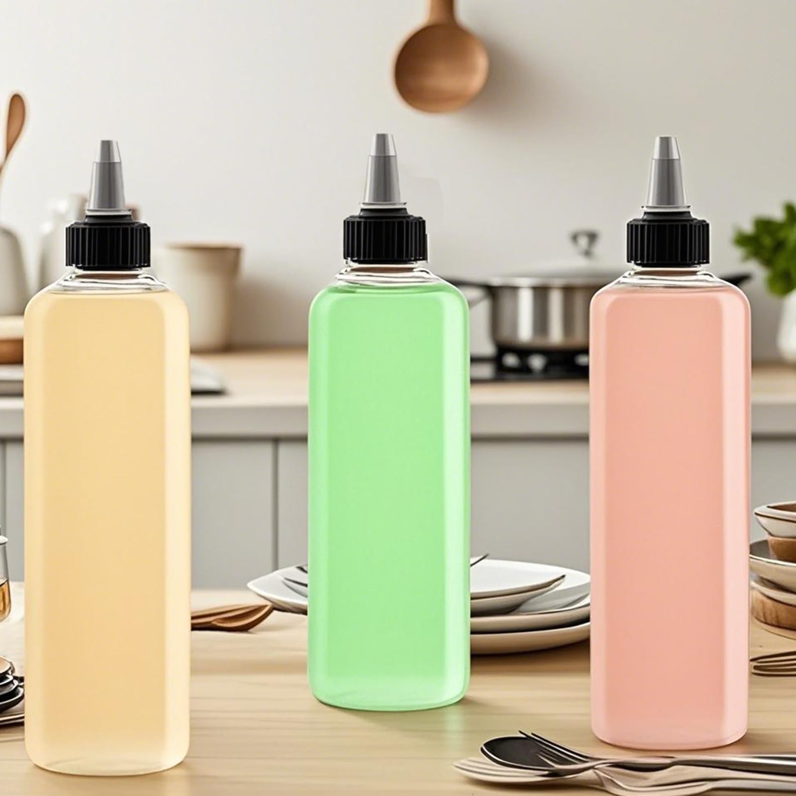 Paquete de 20 botellas dispensadoras transparentes de 8.8 onzas, botellas de plástico exprimibles con tapas y embudos, botella vacía Boston Squeeze para condimentos, vertido de pintura, artes y 5