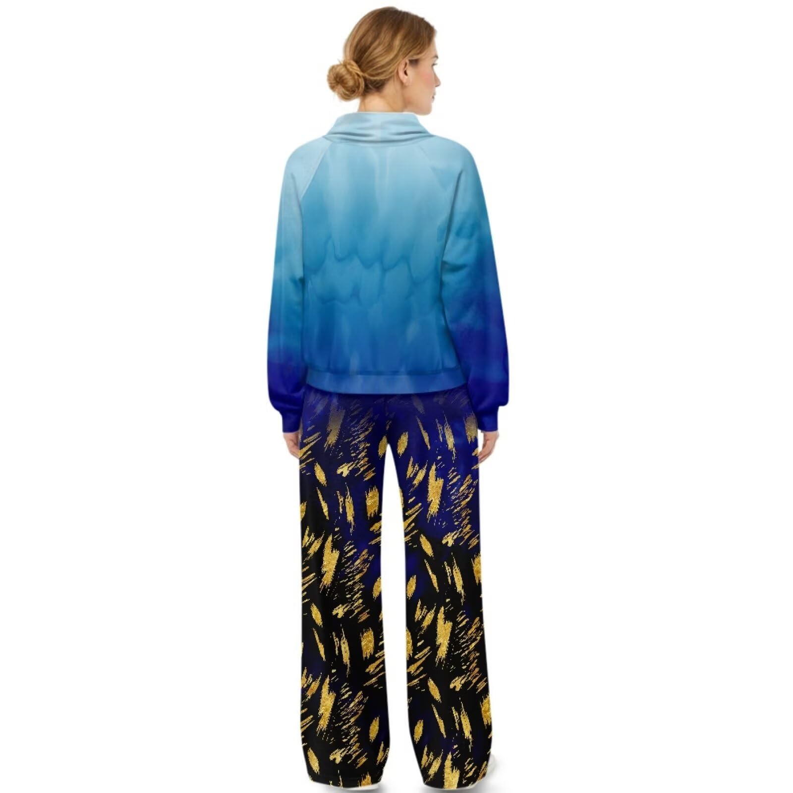 Xoenoiee Conjunto de 2 piezas con estampado de teñido anudado azul para mujer, conjunto de chándal de moda para otoño, sudadera de manga larga y pantalones deportivos de pierna ancha a juego, talla XS