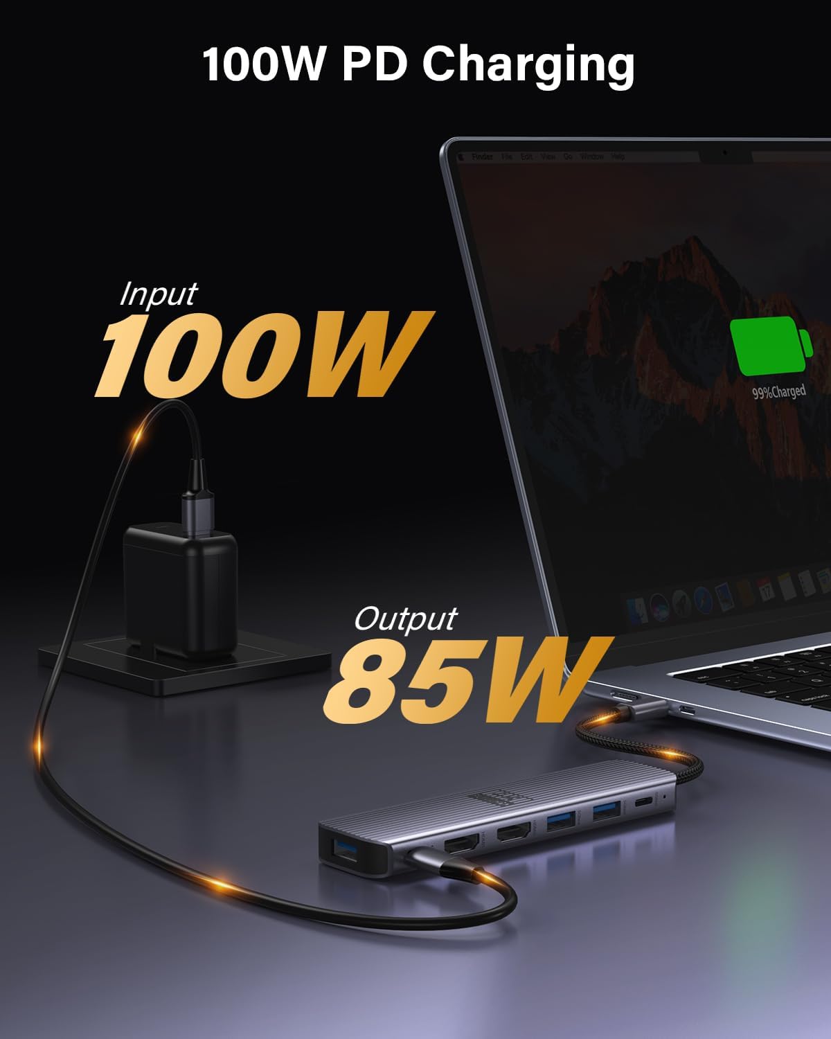 Diagram showing 100W Power Delivery input and 85W output for laptop charging