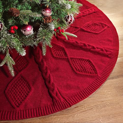 LimBridge-Knitted-Christmas-Tree-Skirt-48-Inches-Wine-Red-Tree-Skirt-Diamond-Braided-Cable-Knit-Thick-Rustic-Christmas-Tree-Decorations-Farmhouse-Christmas-Decor-Xmas-Holiday-Home-Party-Decorations LimBridge Knitted Christmas Tree Skirt 48 Inches Wine Red Tree Skirt Diamond Braided Cable Knit Thick Rustic Christmas Tree Decorations Farmhouse Christmas Decor Xmas Holiday Home Party Decorations