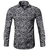 Blumenhemd Herren Langarm Muster Paisley Freizeithemd Langarmhemd Casual Shirt Hawaiihemd Herren 3D Druck Blumen Hemd Funky Freizeit Hemden (Schwarz, XL)