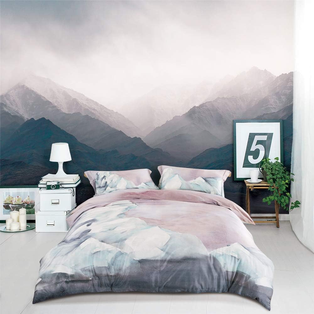 100% Long-Staple Cotton Duvet Cover Queen, Gray Pink Marble Pattern Comforter Cover Set 500TC Watercolor Abstract Reversible Soft & Breathable