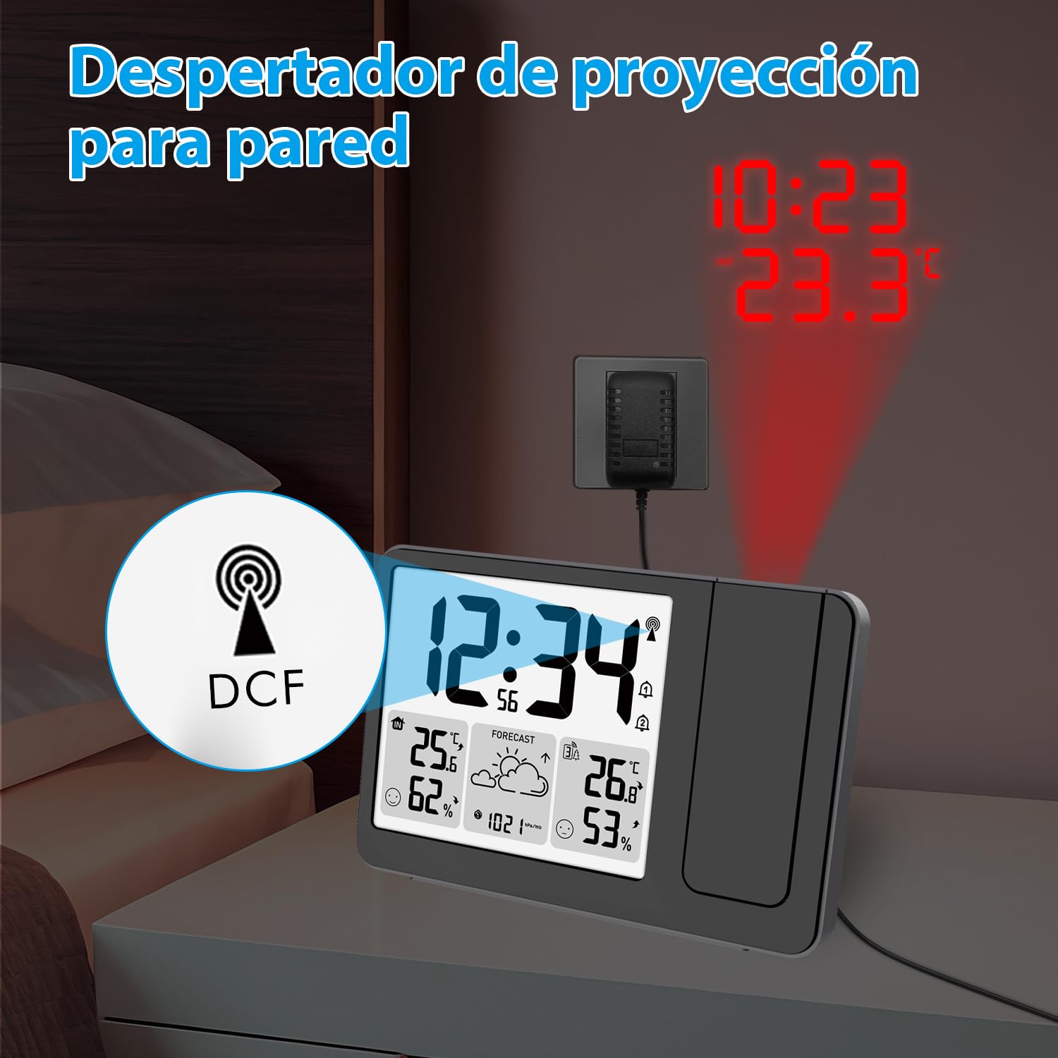 Uzoli EM3539E Despertador con proyector Techo y estación meteorológica, Reloj radiocontrolado, Proyección de 180°, Temperatura, Humedad, Previsión del Tiempo, Niveles de Confort, 1 Sensor Exterior