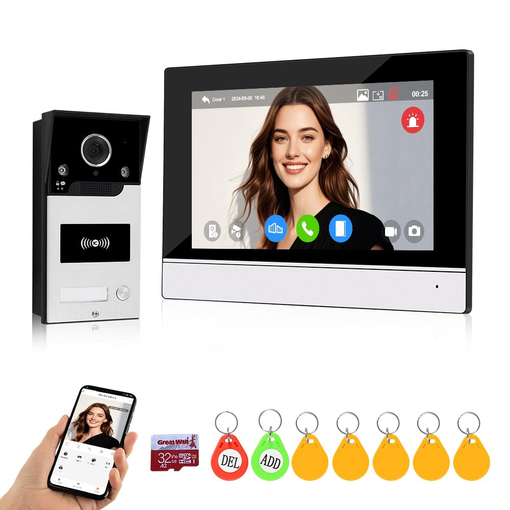 Tuya WiFi Video Intercomunicación Sistema de Timbre de 7 Pulgadas Pantalla Táctil de Color Interfonos Cámara 1080P, Visión Nocturna IR, Tarjeta RFID App Desbloqueada a Distancia
