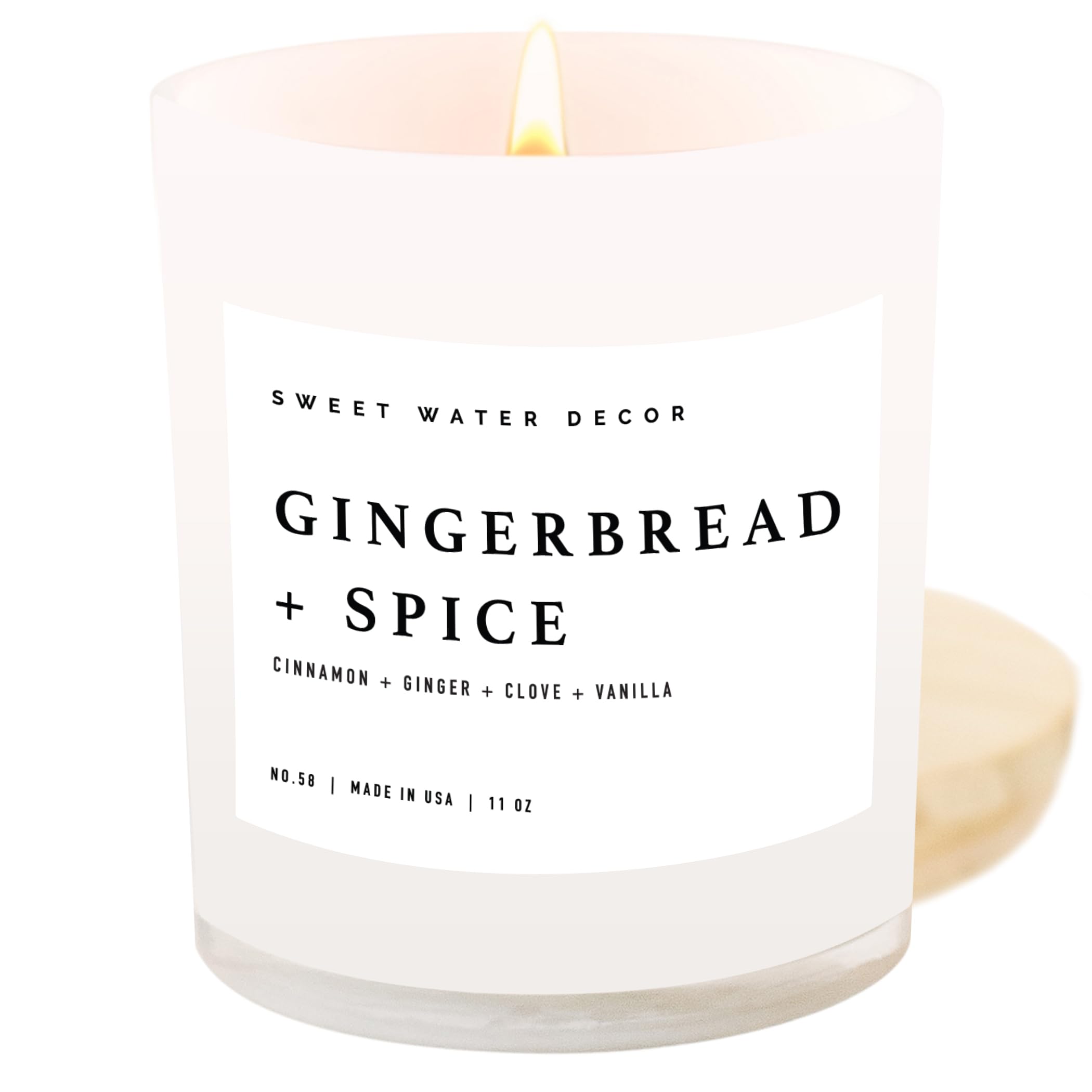Sweet Water DecorGingerbread and Spice Candle - Soy Cinnamon, Vanilla, Clove, Ginger Scented Gingerbread Candle for Christmas - 11oz White Jar with Wood Lid, 50+ Hour Burn Time, Made in the USA