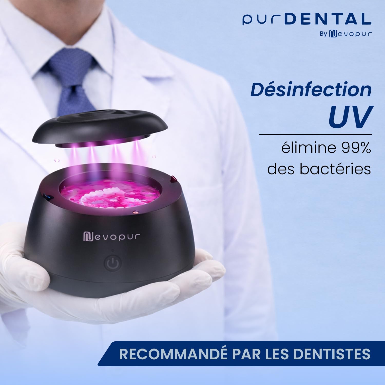 Nettoyeur Ultrason Appareil Dentaire purDENTAL by NEVOPUR – 48 kHz UV, Bac Inox 200 mL – Nettoyant Gouttière, Dentier, Prothèse, Aligneur – 6 purTABS inclus (tablettes nettoyantes) - 4