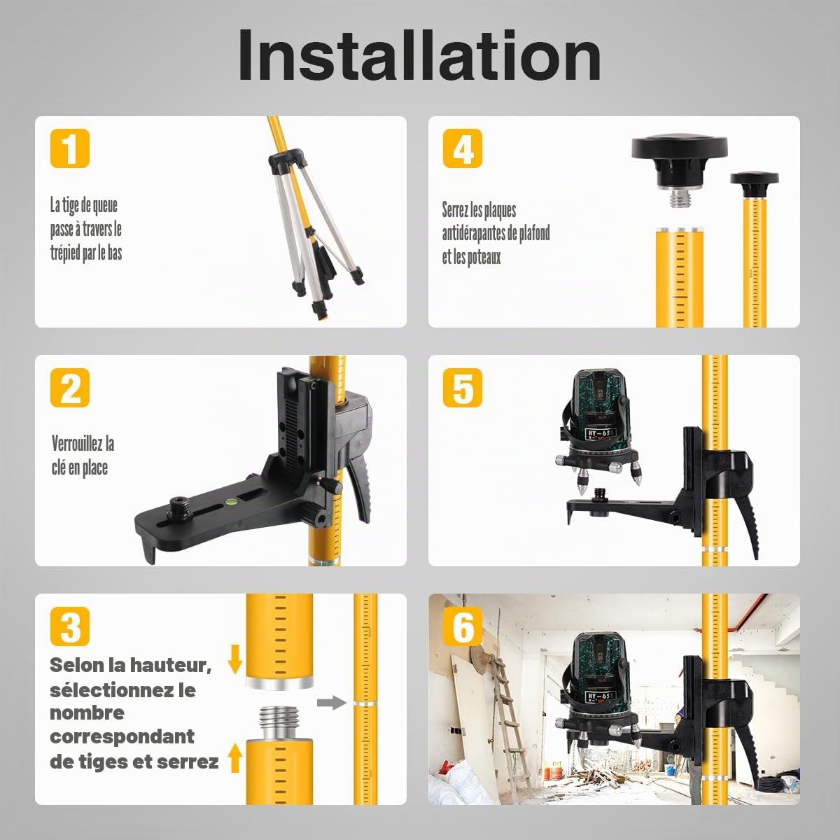Pôle de Niveau Laser, Perche Télescopique de 4,8M avec Trépied, Support de Niveau Laser pour Lasers Rotatifs et Lasers Linéaires, Filetage de 1/4"-20 et Adaptateur 5/8"-11 Inclus