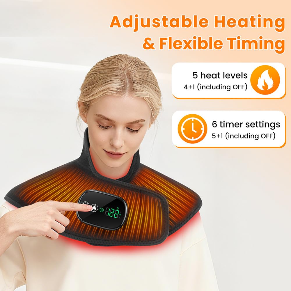Cuscino termico senza fili per collo e spalle elettrico portatile | Con Comando TouchScreen, 5 Livelli Calore, 6 Timer, Batteria Incorporata Da 8,4V 4000mAh, Anche Per Schiena E L'addome
