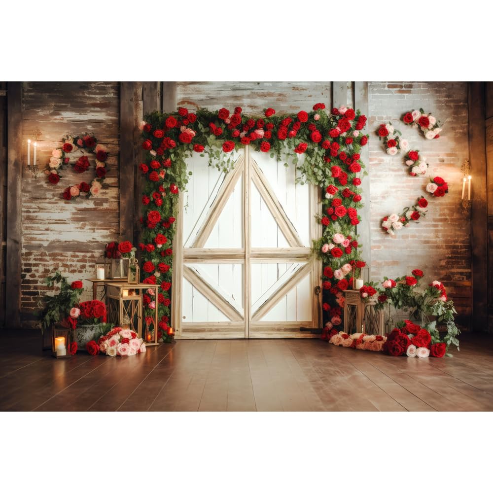 7x5ft Red Rose Brick Wall Wood Door Backdrop for Wedding Bridal Shower Party Decorations Mother's Day Valentine's Day Engagement Backdrops Portrait