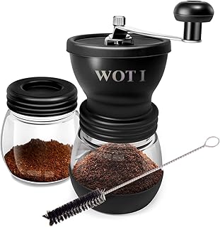 WOT I Moulin à Café Manuel Réglable Portable en Verre/Polyester avec Meule en Céramique - avec Verre de Réserve Supplémentaire Brosse de Nettoyage