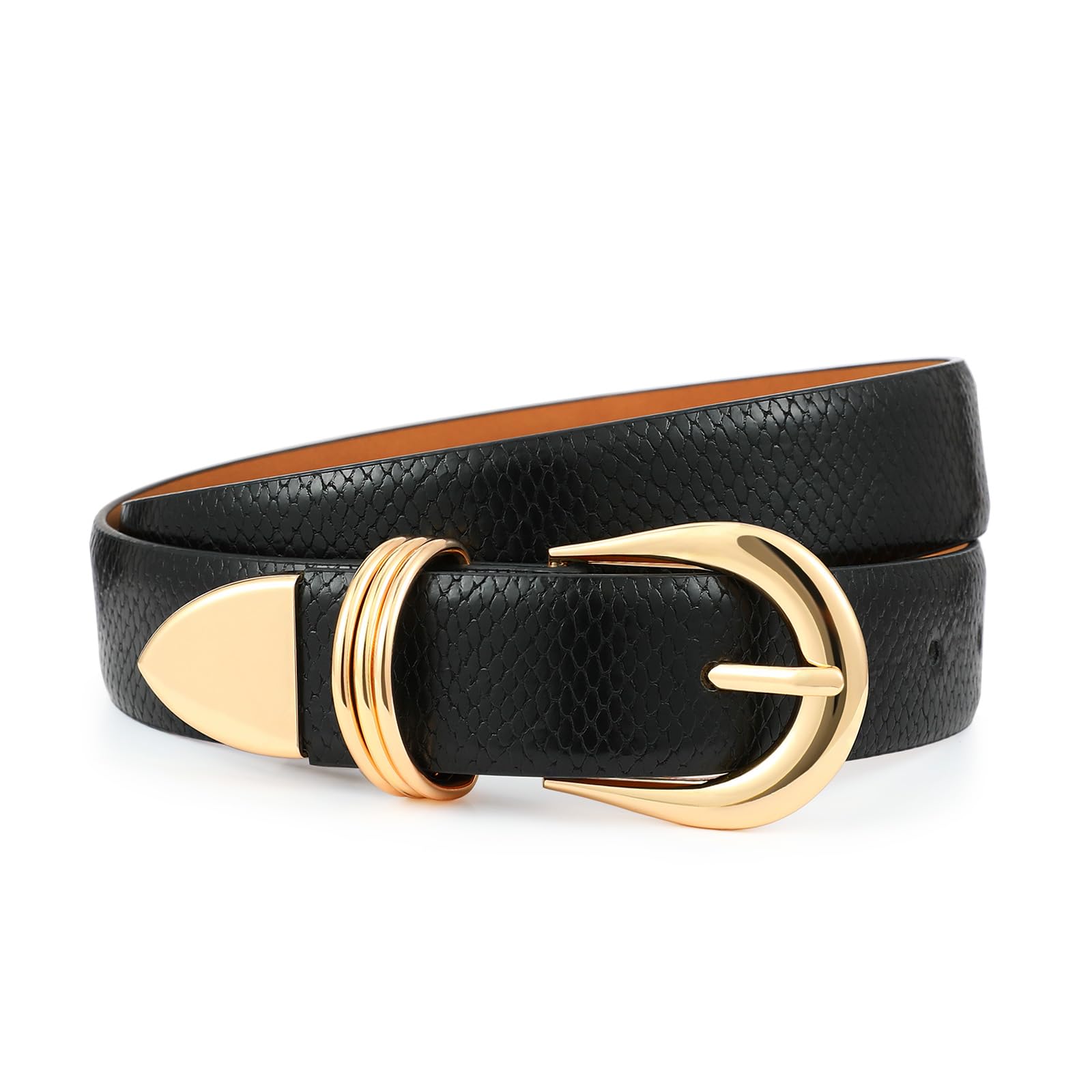 Belts for Women with Gold Buckle Adjustable Black Leather Belt for Jeans Dresses Pants Everyday Outfits