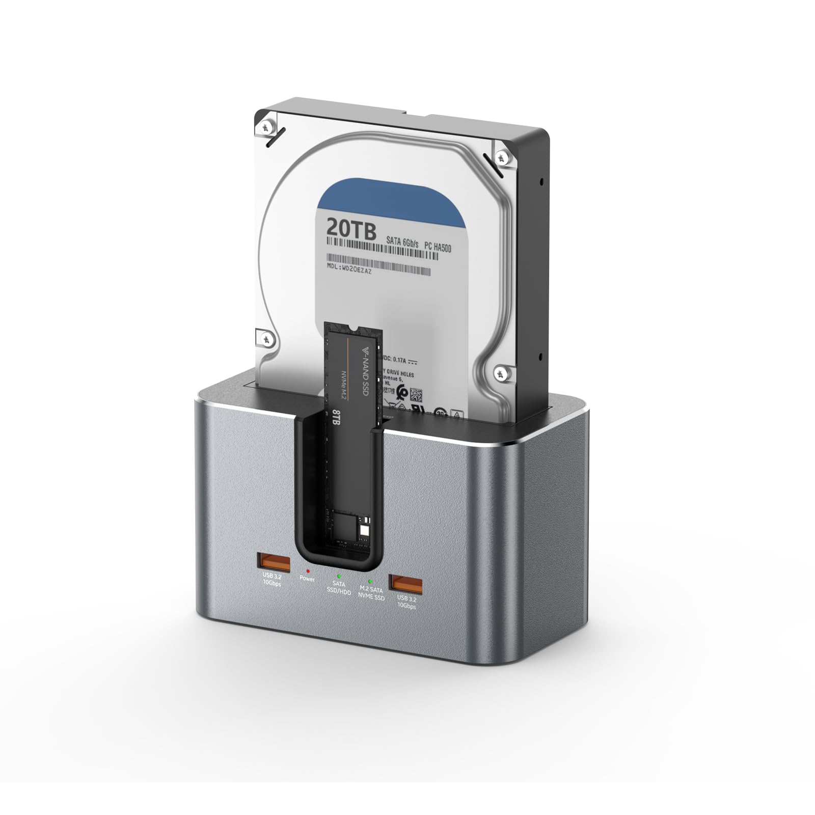 Station d'accueil pour Disque Dur, Station d'accueil USB 3.2 10 Gbps, boîtier SSD Externe en Aluminium à Double Baie USB C pour lecteurs M.2 NVMe/SATA et SSD/HDD SATA 2,5''/3,5''