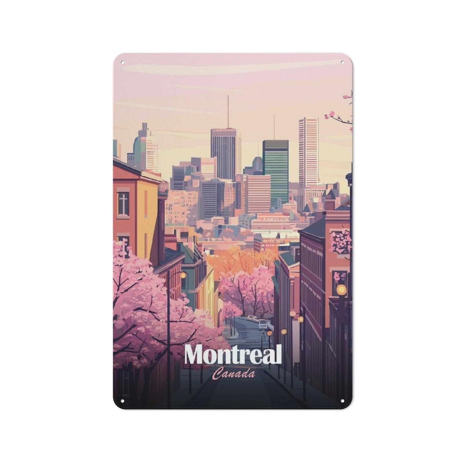 Junmoney Style-22 Retro Tin Sign 30X20cm Featuring Montreal Canada Cityscape With Cherry Blossoms For Workshop Wall, Gift For Makers And Diy Enthusiasts During The Christmas Season
