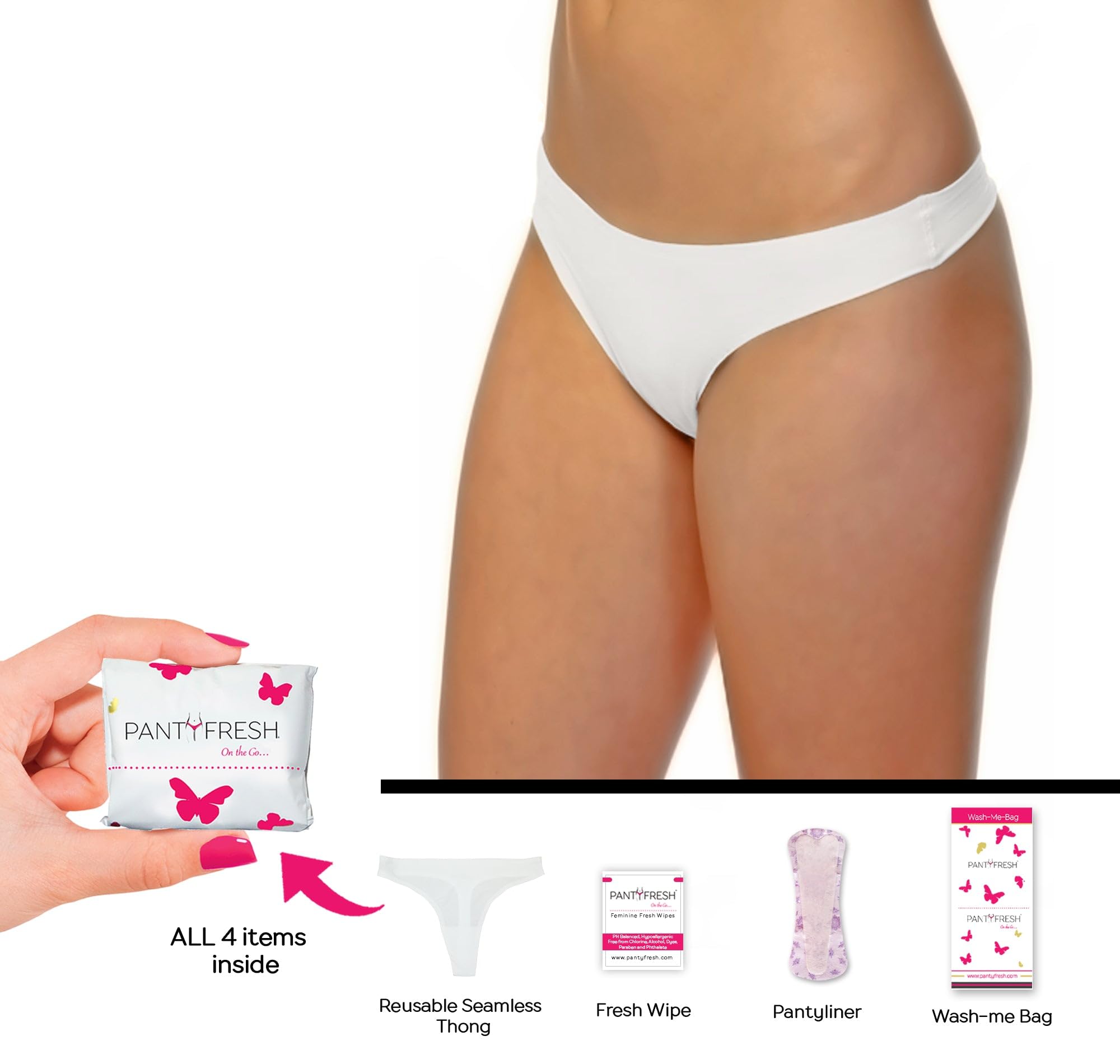 to-Go Panty Kit Includes 4 Items Seamless Thong Underwear Fresh Wipe Pantyliner & Washbag Travel First Period Kit Feminine Hygiene Incontenance Emergency